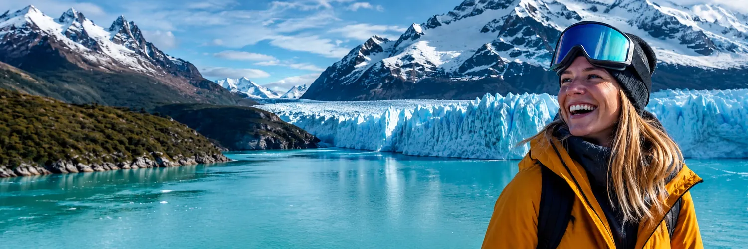 Viajera frente a un glaciar de la Patagonia