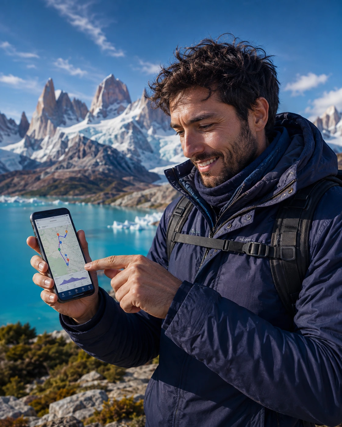 Viajero revisando una ruta de Modo Austral durante un recorrido por la Patagonia