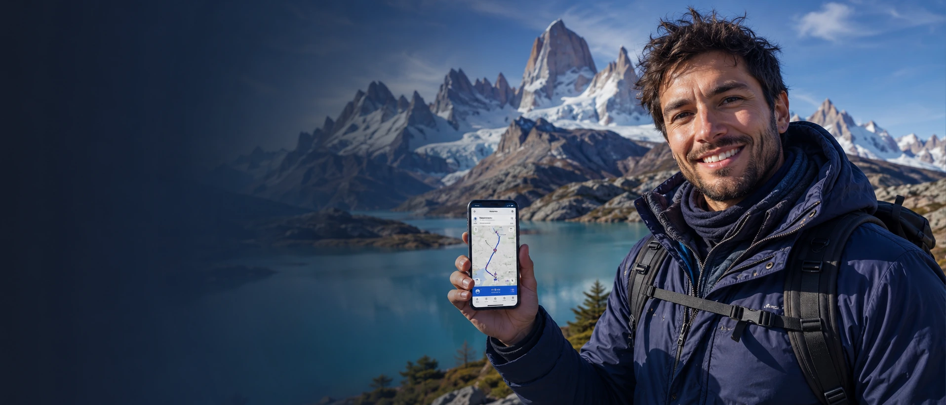 Viajero utilizando Modo Austral desde su teléfono frente a un paisaje de la Patagonia